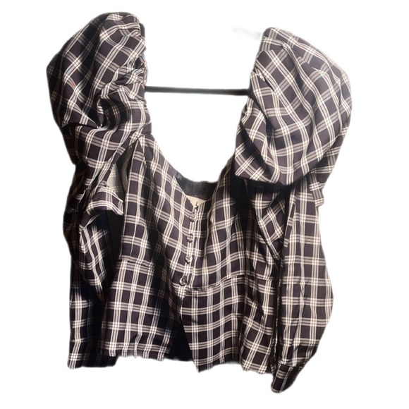 Mr Larkin “Penelope” puff sleeve checkered crop button up mid sleeve top L - Picture 3 of 5